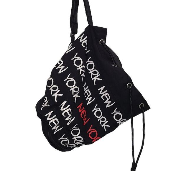 New York Logo Drawstring Shoulder Duffle Bag Black Full Zip Bottom Extender - Picture 1 of 4